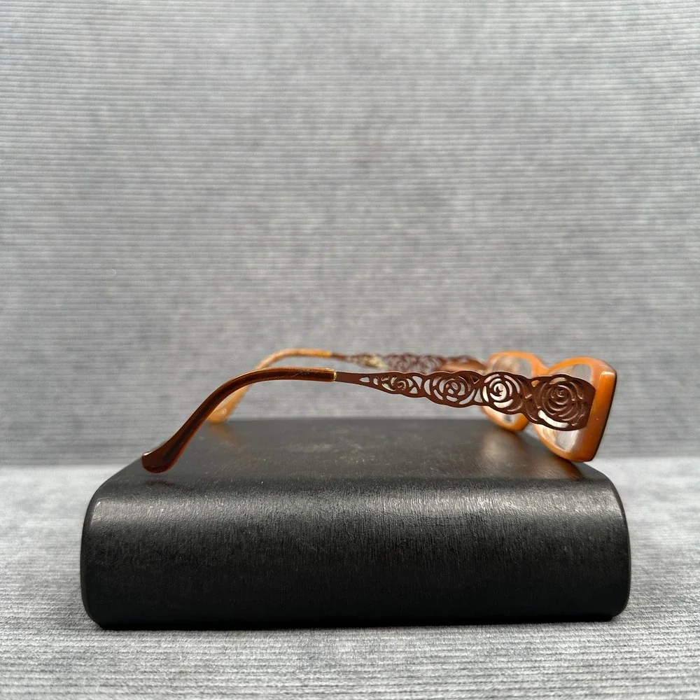 Lipstick Brown Rectangular y2k Eyeglass Frames Filigree Temples Floral Design